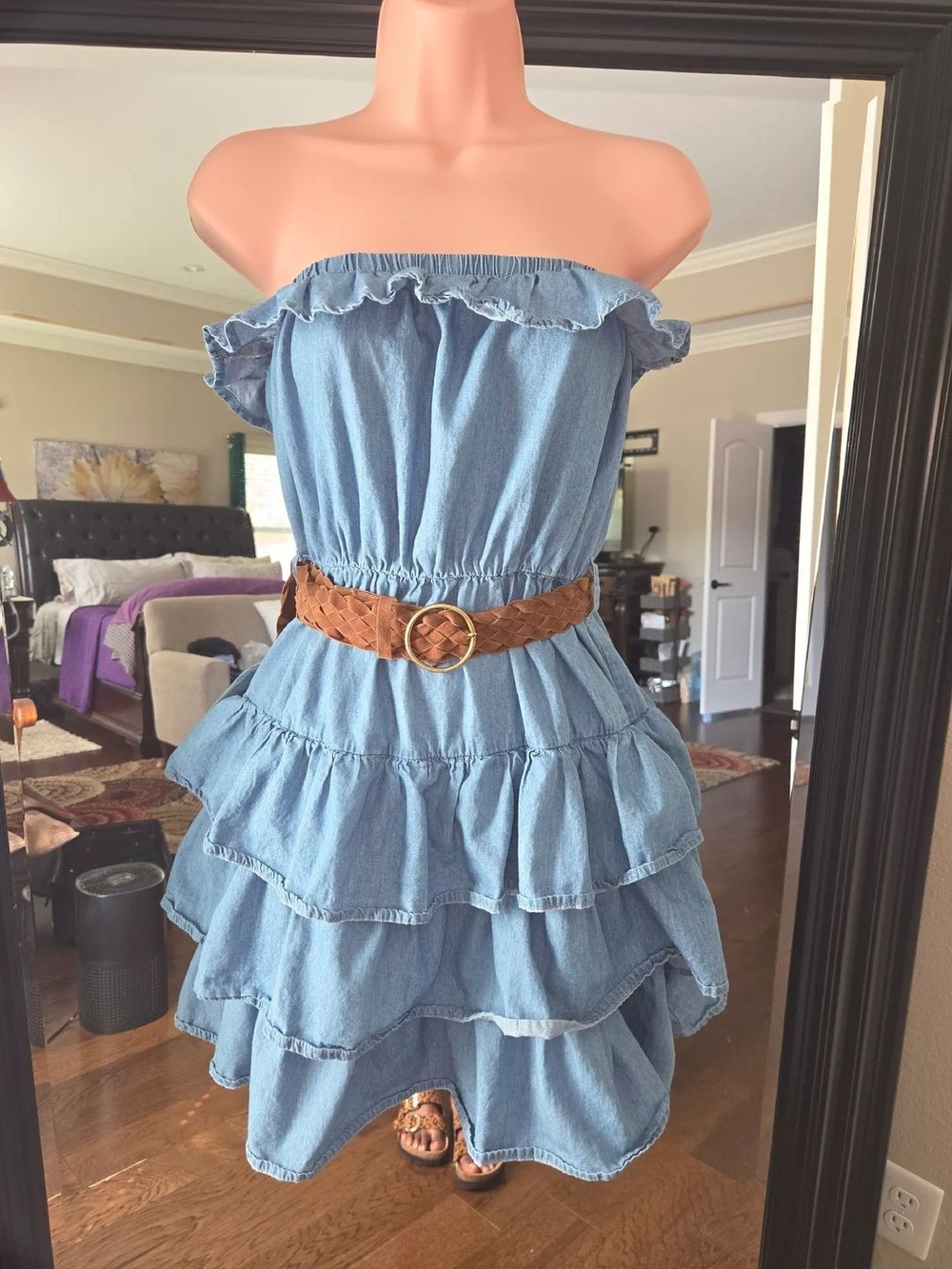 Strapless Tiered Chambray Dress with Braided Belt - Blue